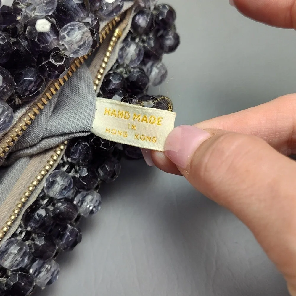 Vintage Crystal Beaded Purse Fauceted Beads Smoke Gray Hong Kong 60s Handmade